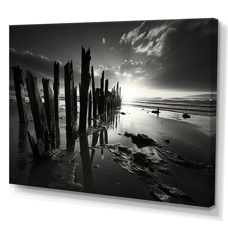 Designart "Black And White Beach Scenery" Beach Wall Art Bed Bath